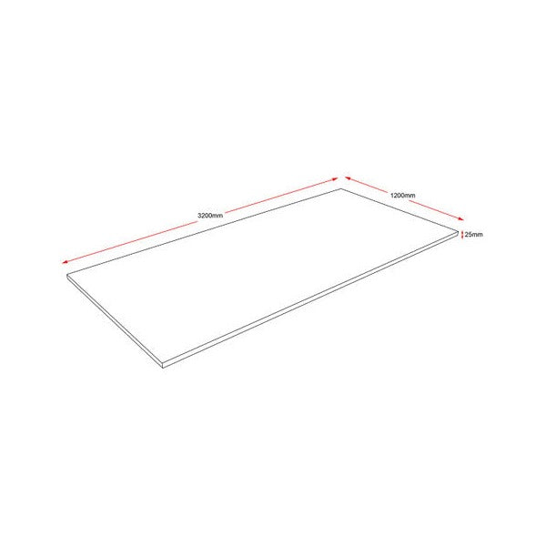 Rapidline rectangular table top 3200 x 1200mm line drawing with red dimension arrows marking the main measurements and the 25mm thickness