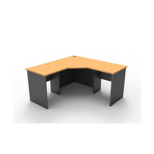 Rapid Worker corner workstation render showing a beech worktop with a cable entry hole on an ironstone panel base with modesty panels.