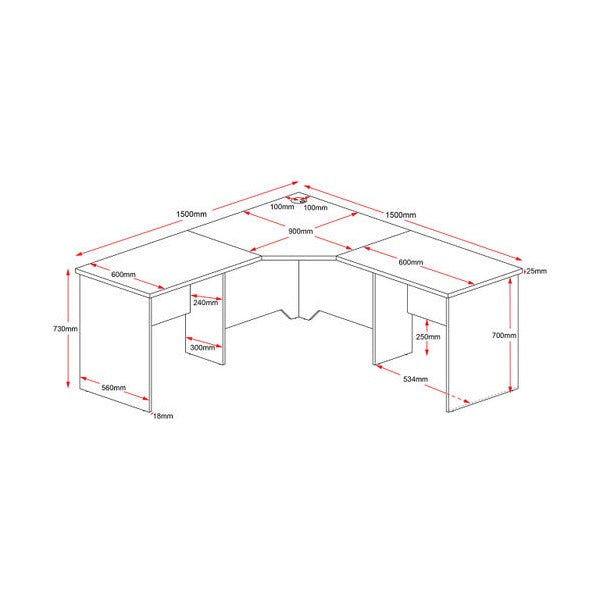 Line drawing of the Rapidline Rapid Worker corner workstation with dimension call-outs for the worktop, wings and panel base.