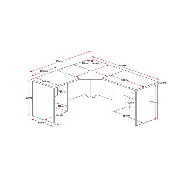Line drawing of the Rapidline Rapid Worker corner workstation with dimension call-outs for the worktop, wings and panel base.