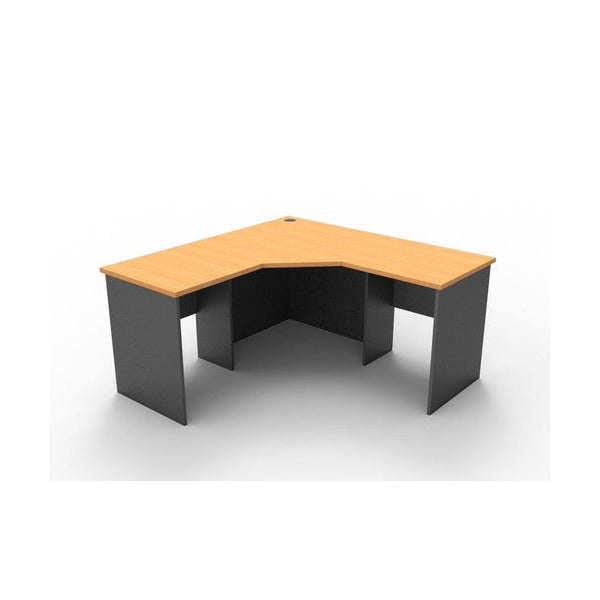 Rapid Worker corner workstation render showing a beech worktop with a cable entry hole on an ironstone panel base with modesty panels.