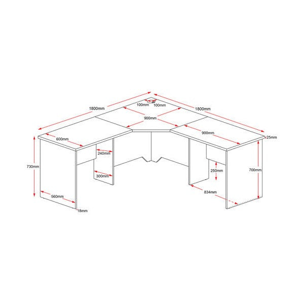 Line drawing of the Rapidline Rapid Worker corner workstation with dimension call-outs for the worktop, wings and panel base.