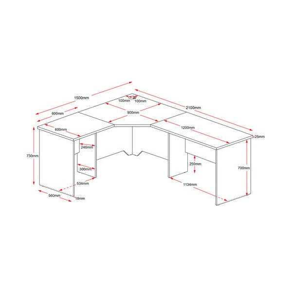 Line drawing of the Rapidline Rapid Worker corner workstation with dimension call-outs for the worktop, wings and panel base.