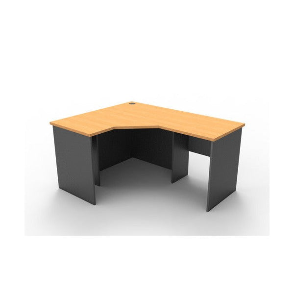 Rapid Worker corner workstation render showing a beech worktop with a cable entry hole on an ironstone panel base with modesty panels.