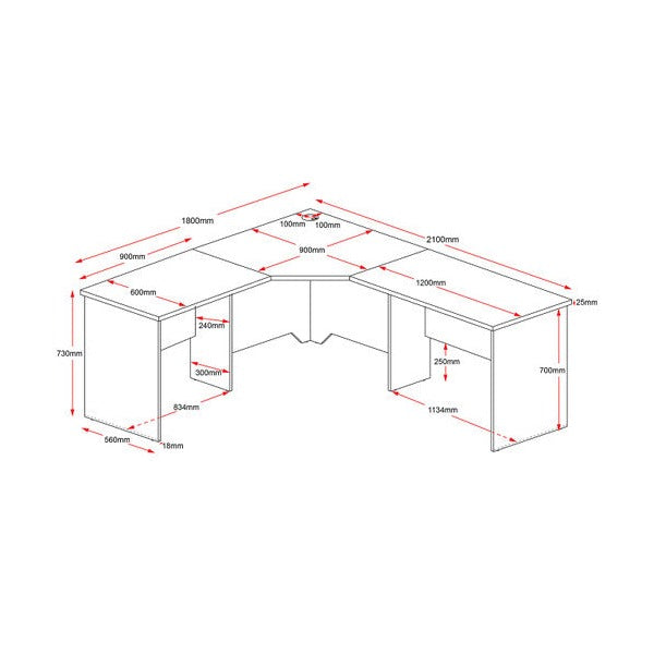 Line drawing of the Rapidline Rapid Worker corner workstation with dimension call-outs for the worktop, wings and panel base.