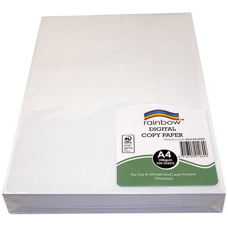 Rainbow Digital Copy Paper A4 pack, front label showing A4, 100gsm and 250 sheets