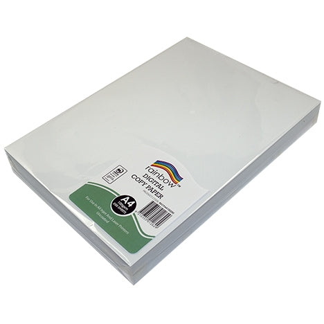 Rainbow Digital Copy Paper A4 pack lying flat, angled view with the green and white label