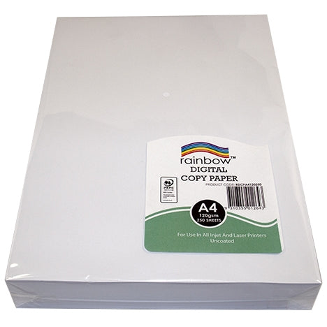 Rainbow Digital Copy Paper A4 pack, front label showing A4, 120gsm and 250 sheets