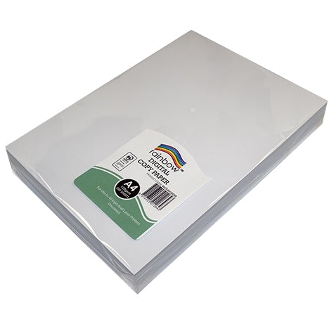 Rainbow Digital Copy Paper A4 pack lying flat, angled view with the green and white label