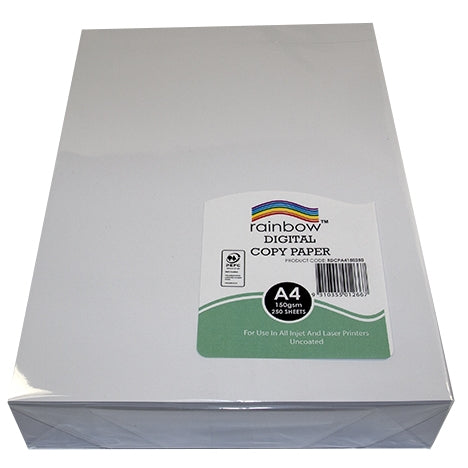 Rainbow Digital Copy Paper A4 pack, front label showing A4, 150gsm and 250 sheets