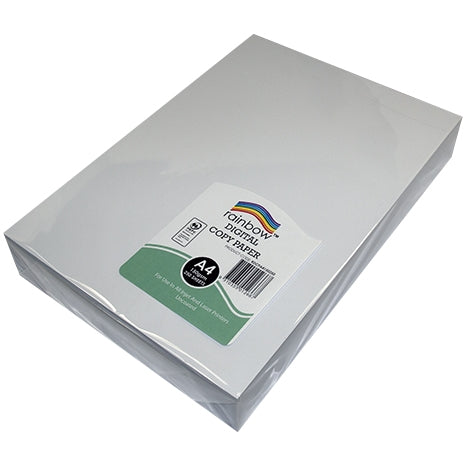 Rainbow Digital Copy Paper A4 pack lying flat, angled view with the green and white label