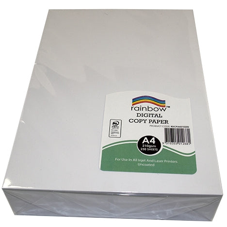 Rainbow Digital Copy Paper A4 pack, front label showing A4, 210gsm and 250 sheets