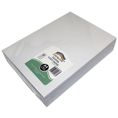 Rainbow Digital Copy Paper A4 pack lying flat, angled view with the green and white label