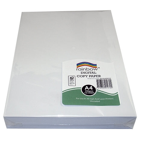 Rainbow Digital Copy Paper A4 pack, front label showing A4, 250gsm and 125 sheets