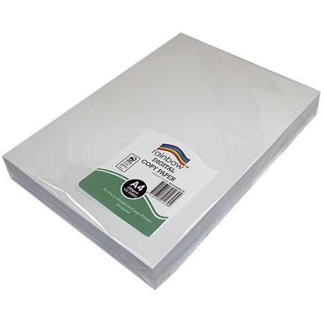 Rainbow Digital Copy Paper A4 pack lying flat, angled view with the green and white label