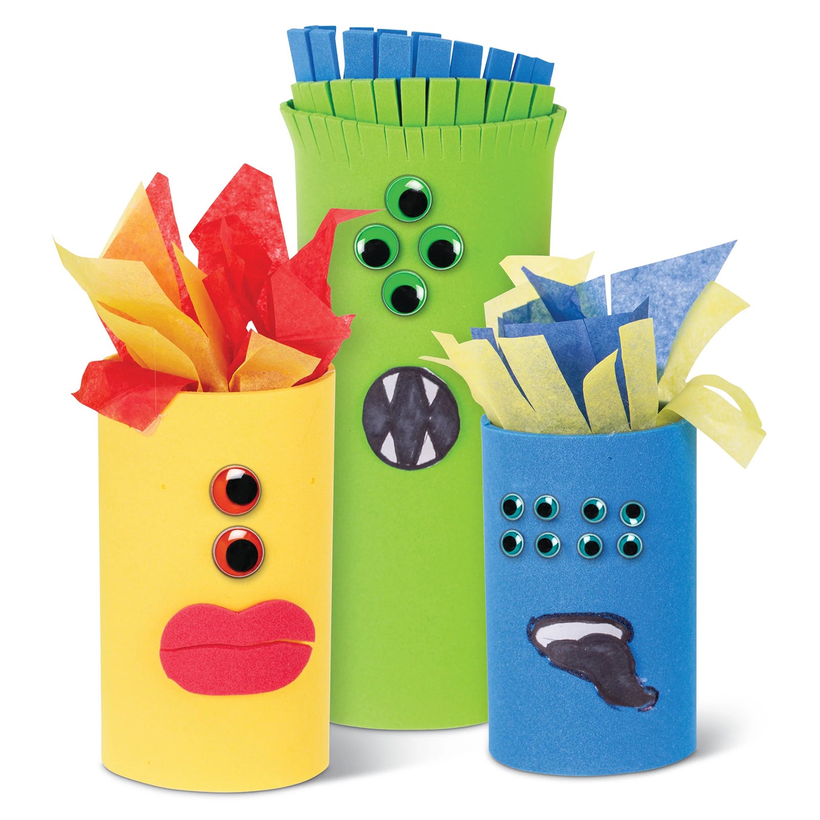 Three decorated cardboard roll characters featuring colourful rainbow joggle eyes. The craft examples demonstrate creative ways to use assorted eye sizes for making expressive faces and fun art projects.