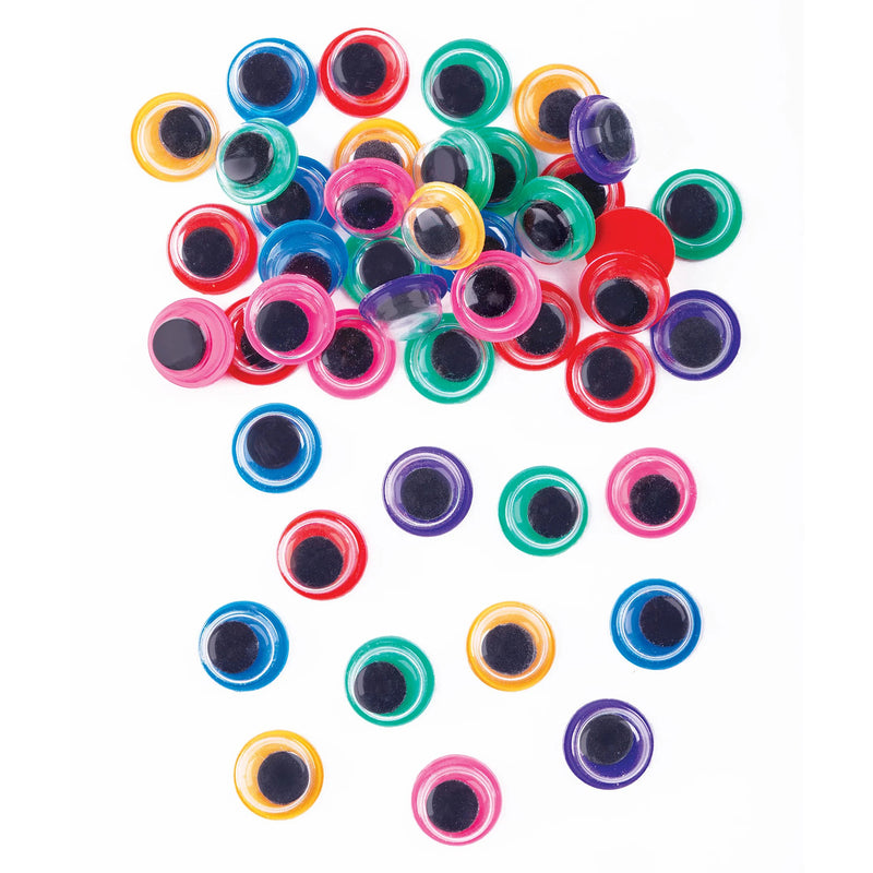Assorted rainbow joggle eyes arranged on a neutral background, highlighting different colour combinations and size variations suitable for creative craft projects and educational art activities.
