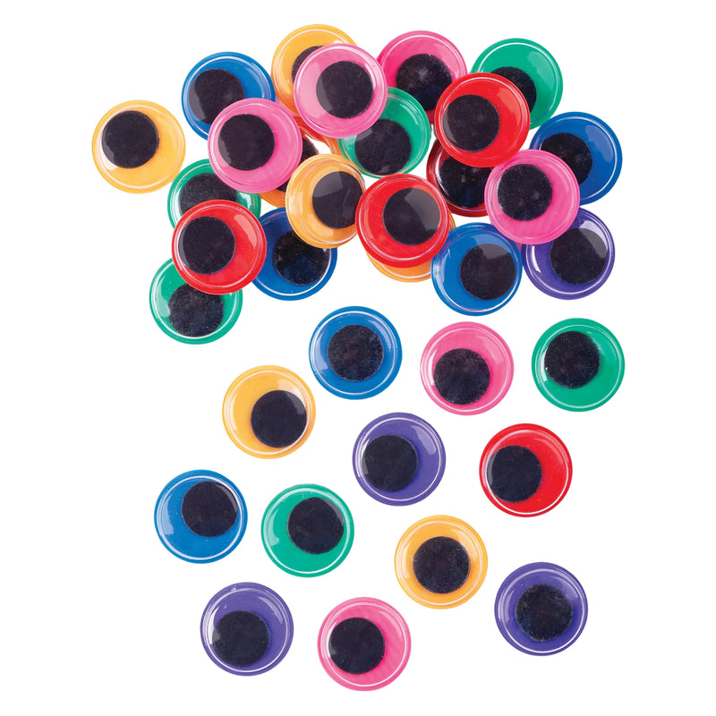 Flat lay display of assorted rainbow joggle eyes in multiple sizes and colours. Bright transparent eyes with black centres showcase the variety included within the Educational Colours craft pack.