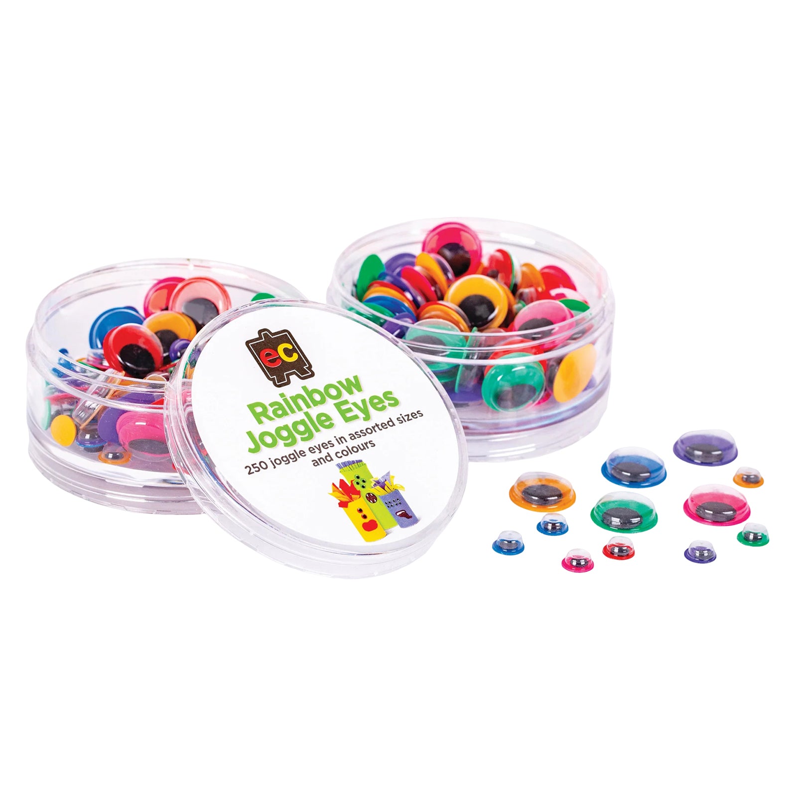 Open storage container with rainbow joggle eyes spread alongside the packaging lid. The assortment of bright colours and varying sizes demonstrates the versatility of the craft set for creative projects.