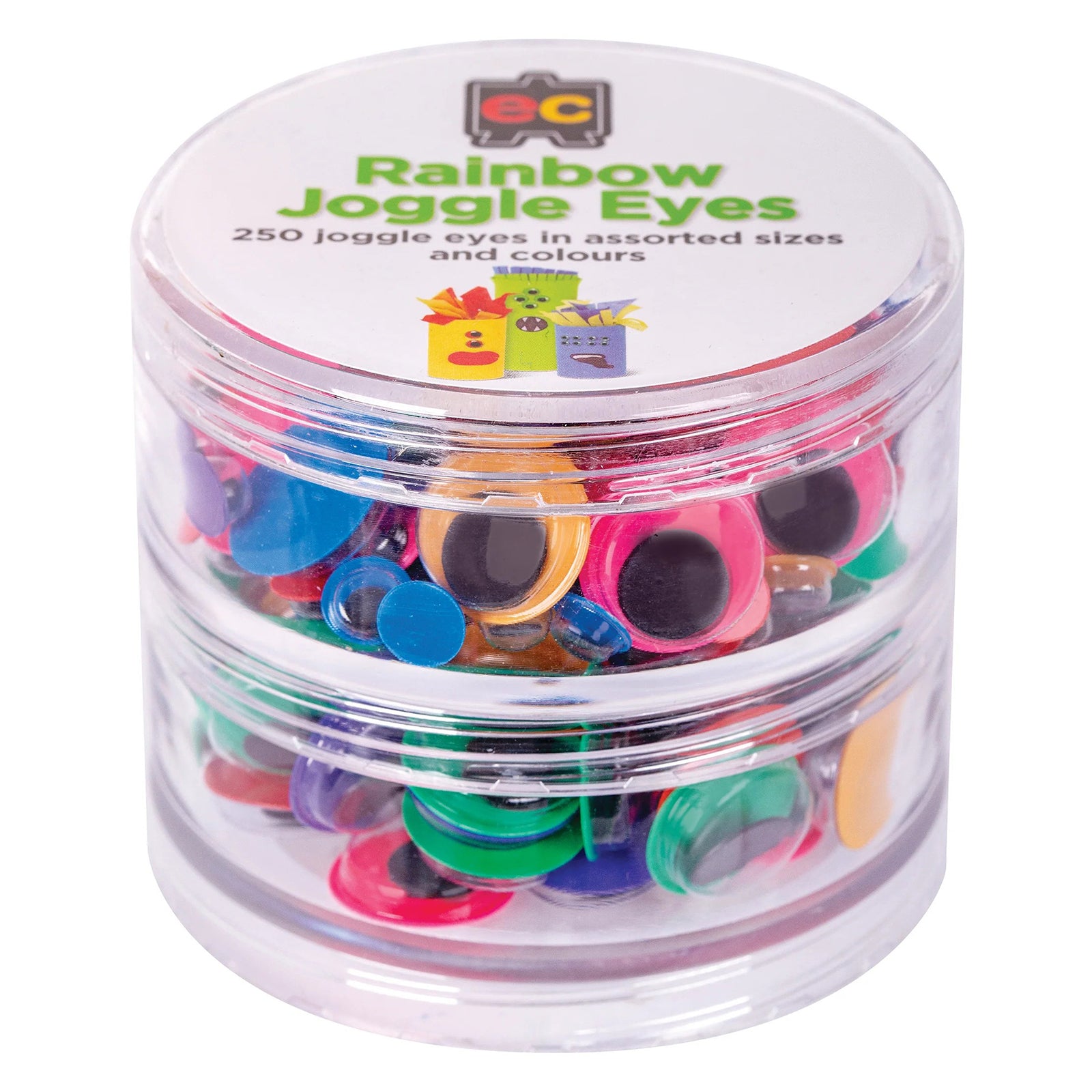 Front angled product view of the Educational Colours Rainbow Joggle Eyes container displaying the assorted colourful eyes through the transparent storage case.