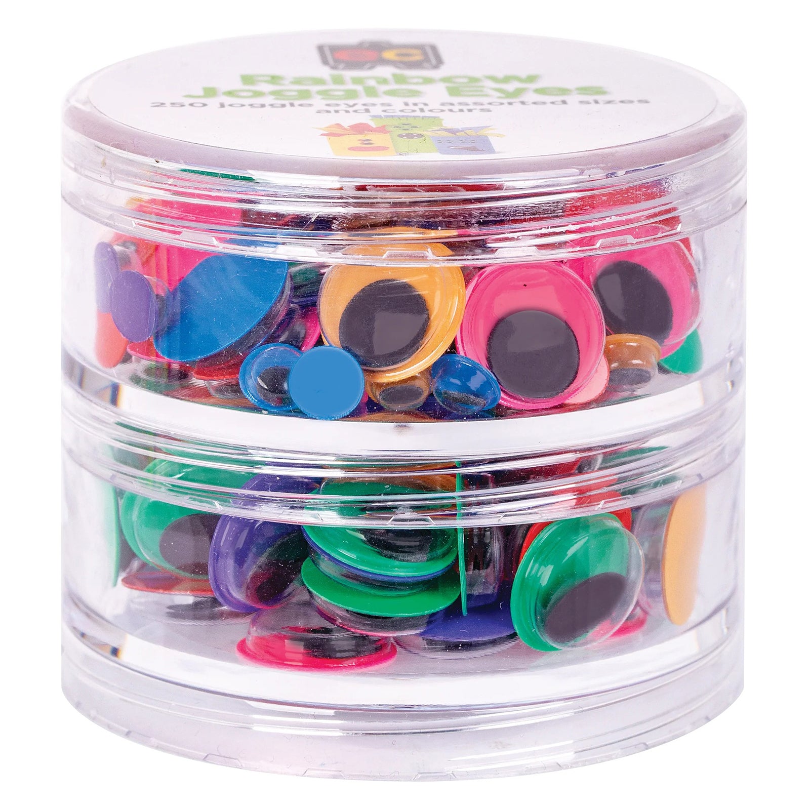 Clear storage container filled with assorted rainbow joggle eyes in various sizes and colours. The image focuses on the convenient storage design and colourful craft components included in the set.