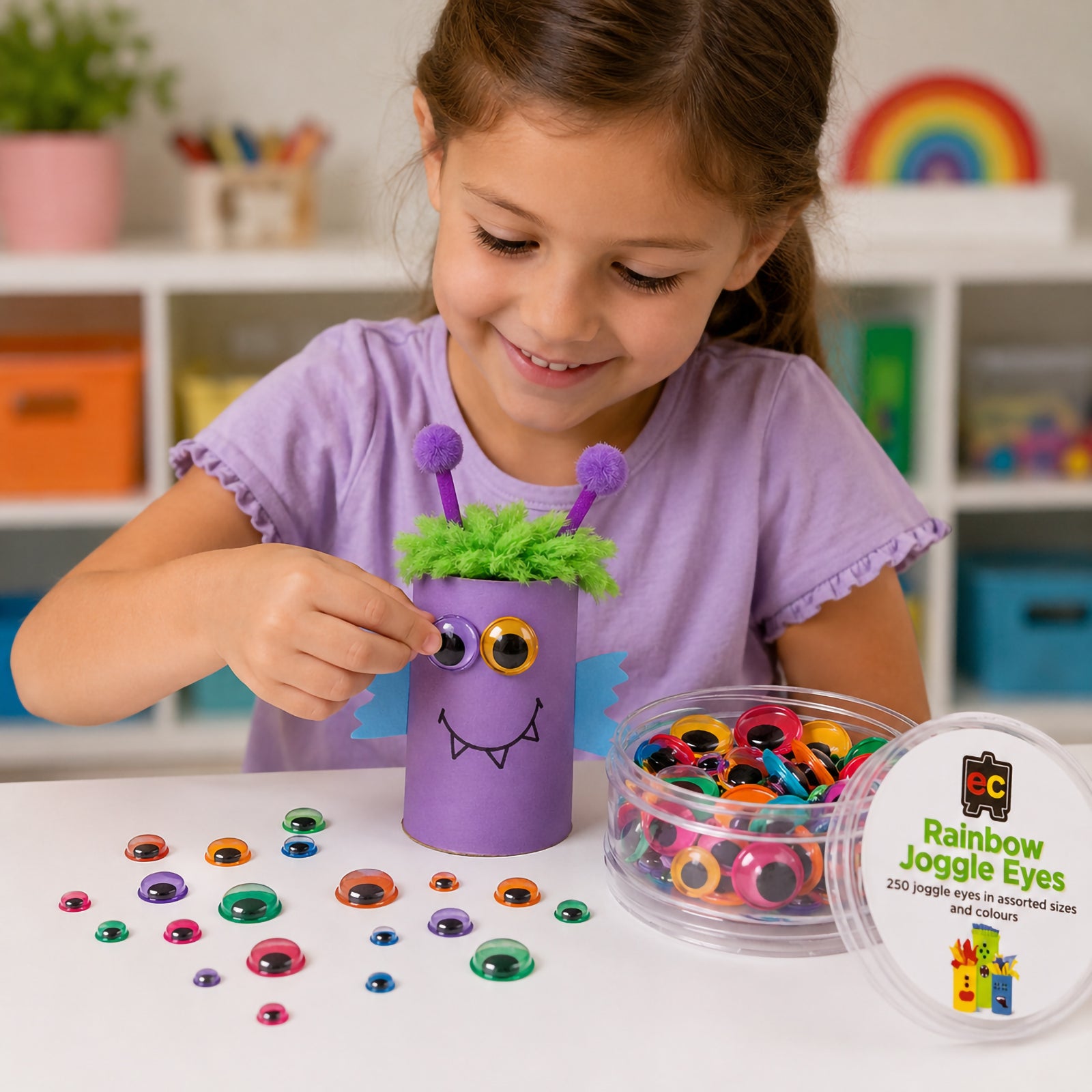 Child creating a purple cardboard roll monster craft using colourful rainbow joggle eyes from an Educational Colours craft set. Assorted eye sizes and bright colours are displayed across the table alongside a storage container, demonstrating creative classroom and home craft applications.