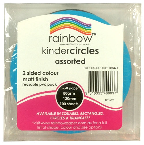 Front of a Rainbow kinder circles 120mm pack, label reading 2 sided colour, matt finish, 80gsm, 100 sheets, product code 107371