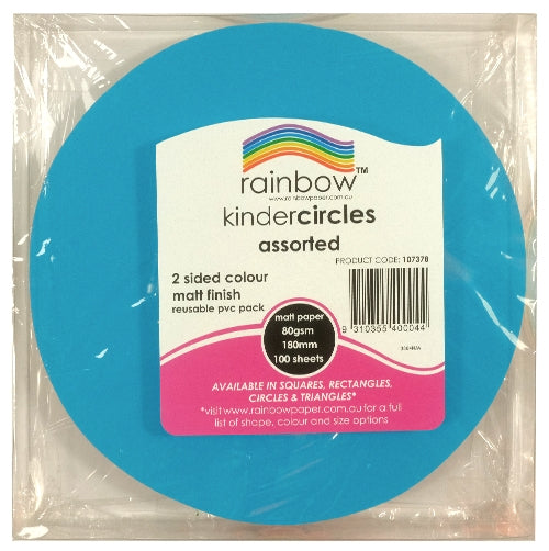 Front of a Rainbow kinder circles 180mm pack with a blue top circle, label reading 2 sided colour, matt finish, 80gsm, 100 sheets