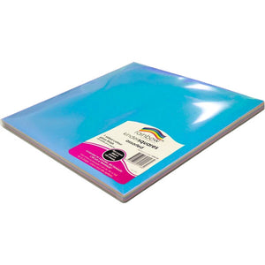 Rainbow kinder gloss squares 254mm pack of 120, a stack of shiny assorted paper squares with a light blue top sheet and Rainbow label