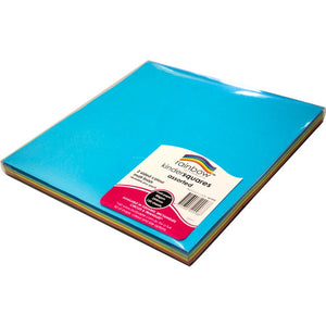Rainbow kinder squares 254mm pack of 120, a stack of assorted matt paper squares with a blue top sheet and Rainbow label