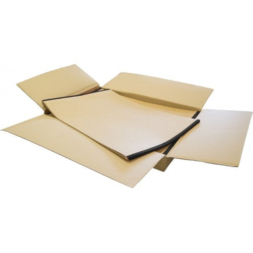 Rainbow kraft folio with a black bound edge resting inside an opened brown kraft folder with its flaps folded out