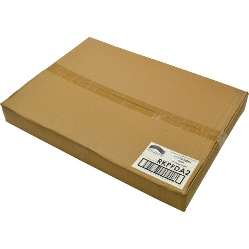 Closed brown kraft folder seen from above, taped across the middle, with a small label near one corner