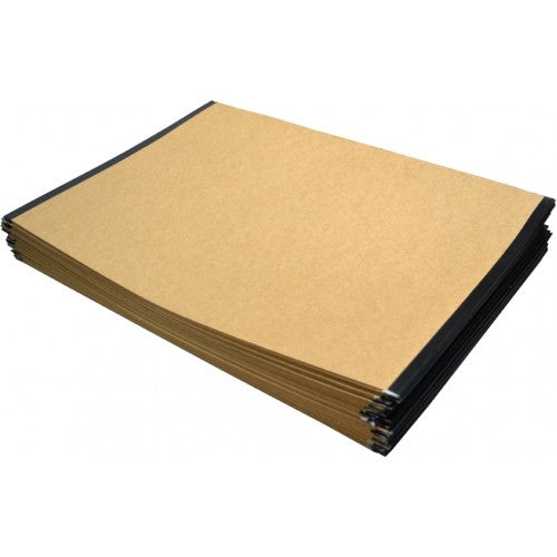 Stack of flat Rainbow kraft folios in brown kraft board, each with a black edge binding along the sides