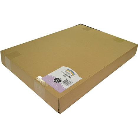 Brown carton of Rainbow litho paper with a label reading rainbow litho paper white near the lower corner
