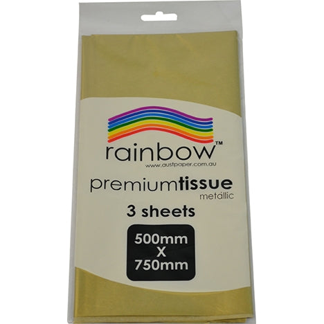 Single Rainbow premium tissue metallic hang sell pack in gold, labelled 3 sheets and 500mm x 750mm, with a hang tab at the top