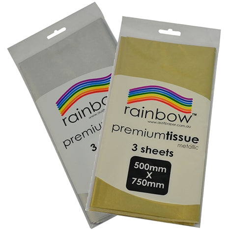 Two Rainbow metallic tissue hang sell packs shown together, one silver and one gold; this listing is the gold outer
