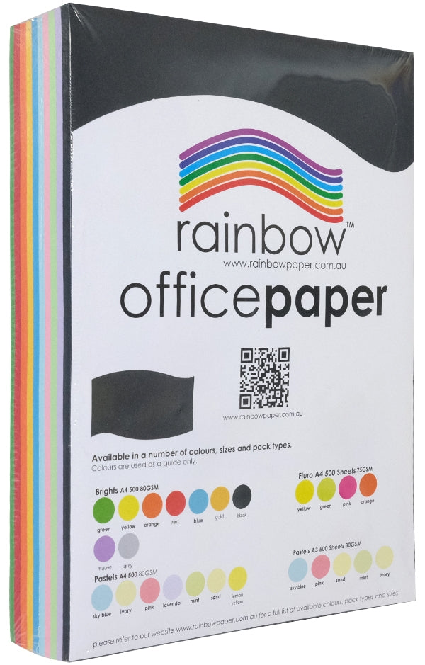 Shrink wrapped ream of Rainbow Office Paper photographed at a three quarter angle on white, the top sheet black and the exposed edge showing green, orange, blue, pink and lilac sheets beneath it.