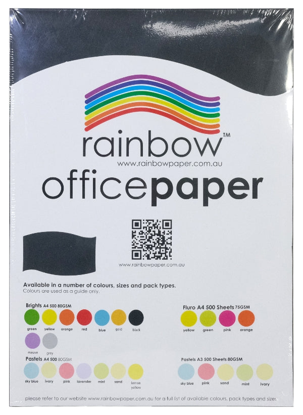Flat front view of the shrink wrapped ream on white with a black top sheet, showing the rainbow logo, a QR code, a black colour swatch and the printed Brights, Fluro and Pastels colour charts.