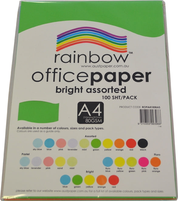 Straight on view of the clear poly wrapped pack on white, the printed label showing the rainbow arc, the words bright assorted, 100 sheets per pack, A4 80gsm, the product code and a colour swatch chart.