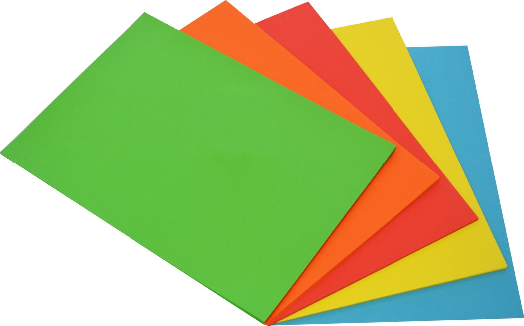 Five loose A4 sheets fanned from a bottom pivot on a plain white background in green, orange, red, yellow and light blue, with no pack or wrapper in the frame.