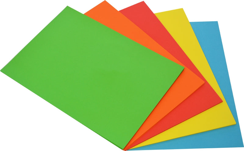 Five loose A4 sheets fanned from a bottom pivot on a plain white background in green, orange, red, yellow and light blue, with no pack or wrapper in the frame.