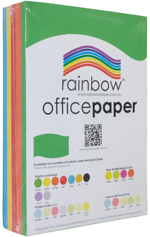 Shrink wrapped ream of Rainbow Office Paper at a three quarter angle on white, the top sheet bright green and the edge showing orange, red, yellow and blue sheets, with the printed swatch chart label facing forward.