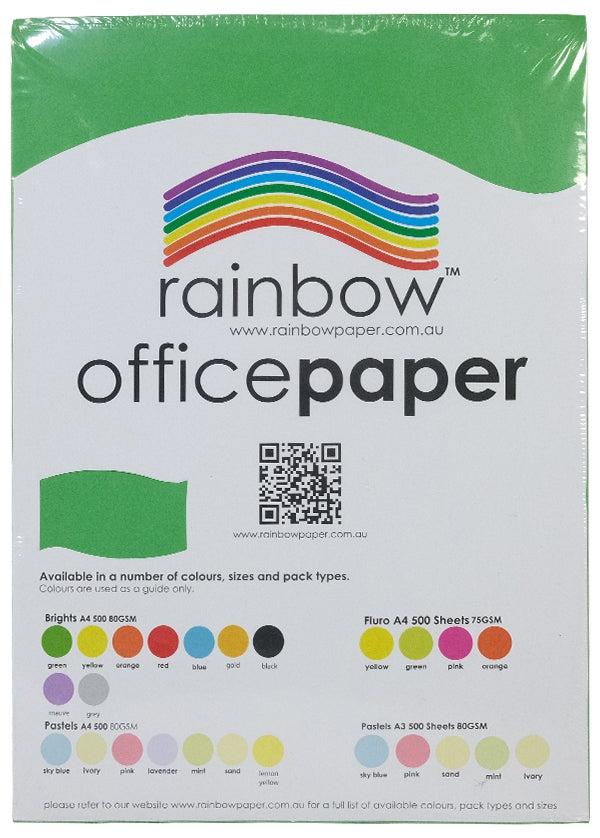 Flat front view of the shrink wrapped ream on white with a bright green top sheet, the rainbow logo, a QR code, a green swatch and the printed Brights, Fluro and Pastels colour charts.