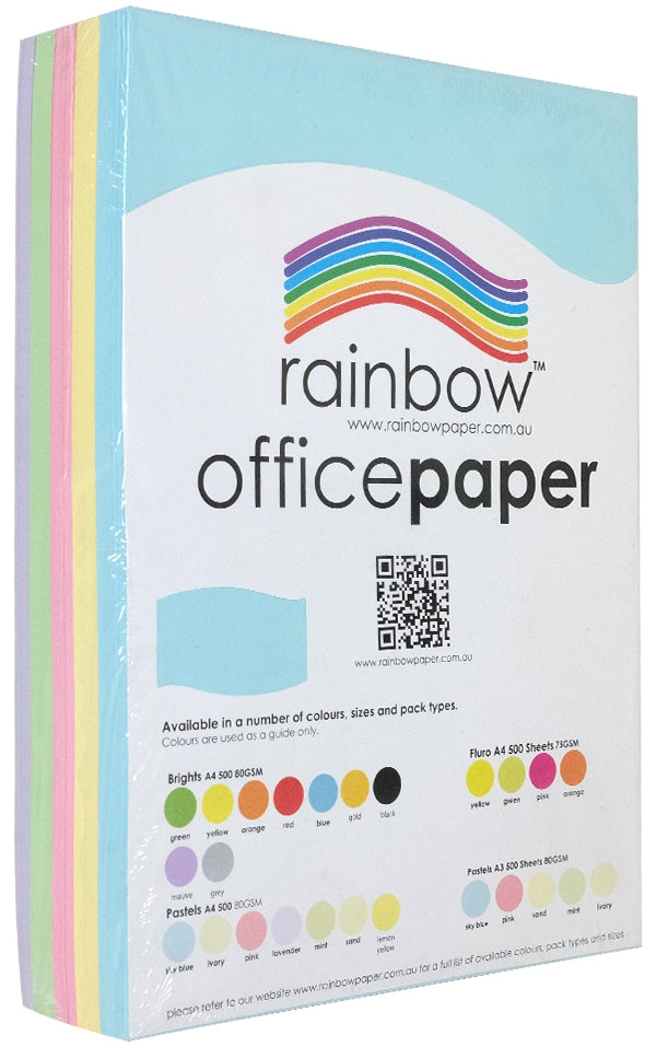 Shrink wrapped ream of Rainbow Office Paper at a three quarter angle on white, the top sheet pale blue and the edge revealing yellow, pink, green and lavender sheets beneath the printed swatch chart label.