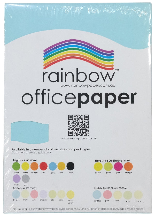 Flat front view of the shrink wrapped ream on white with a pale blue top sheet, the rainbow logo, a QR code, a pale blue swatch and the printed Brights, Fluro and Pastels colour charts.