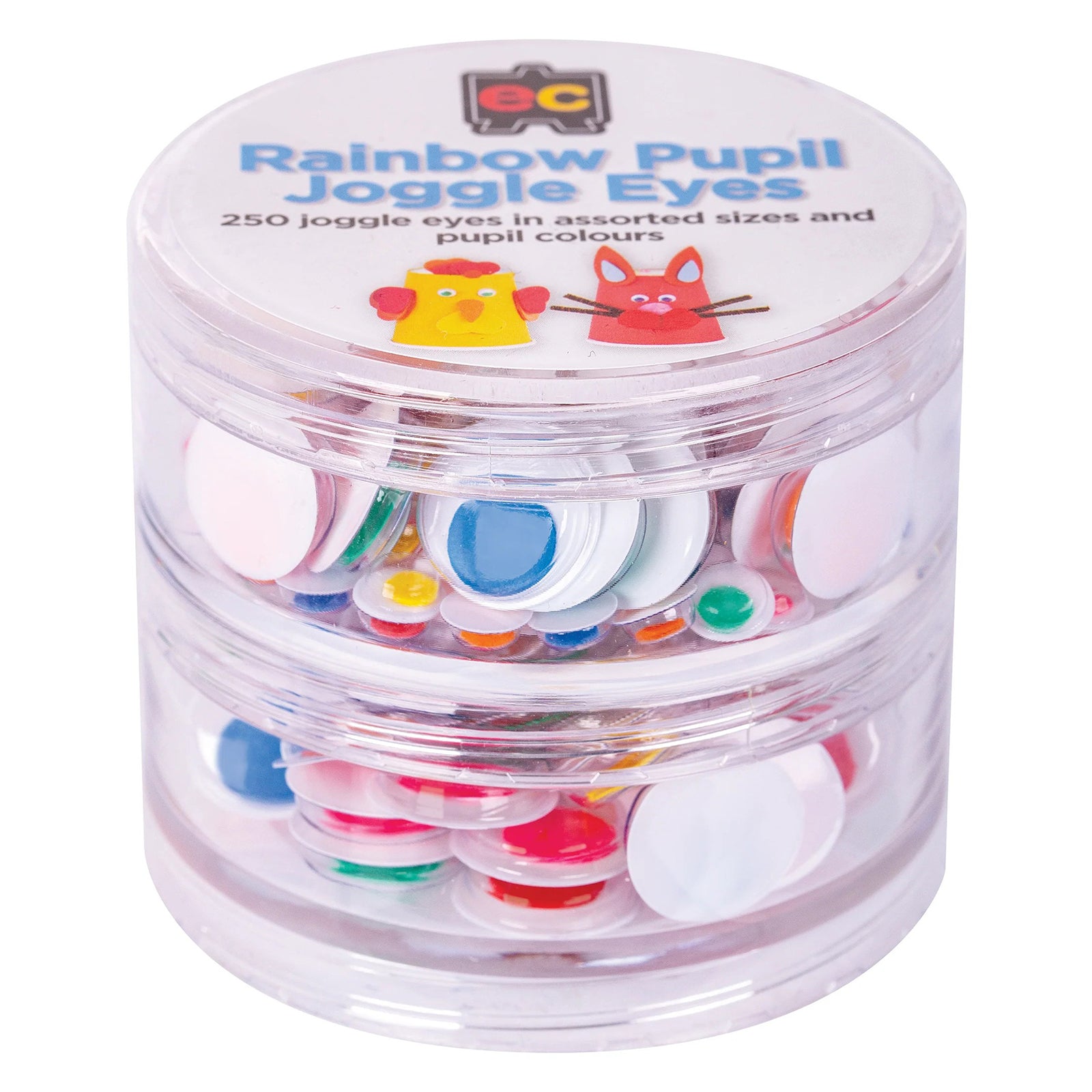 Front angled product image showing the Rainbow Pupil Joggle Eyes container packed with assorted craft eyes featuring colourful pupil centres and white outer eye designs.
