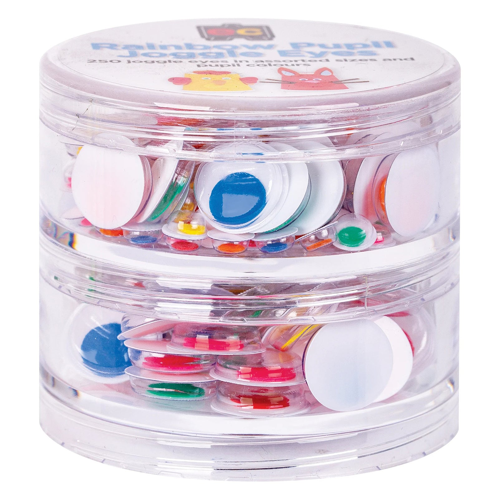 Close up view of the Educational Colours Rainbow Pupil Joggle Eyes storage container filled with assorted eye sizes and colourful pupils. The transparent case provides convenient visibility and organisation.