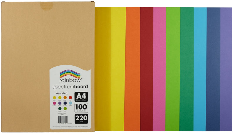 The same kraft carton lying label upward on white with the ten fanned board colours to its right, shot wider so the printed pack label is readable alongside the sheets.