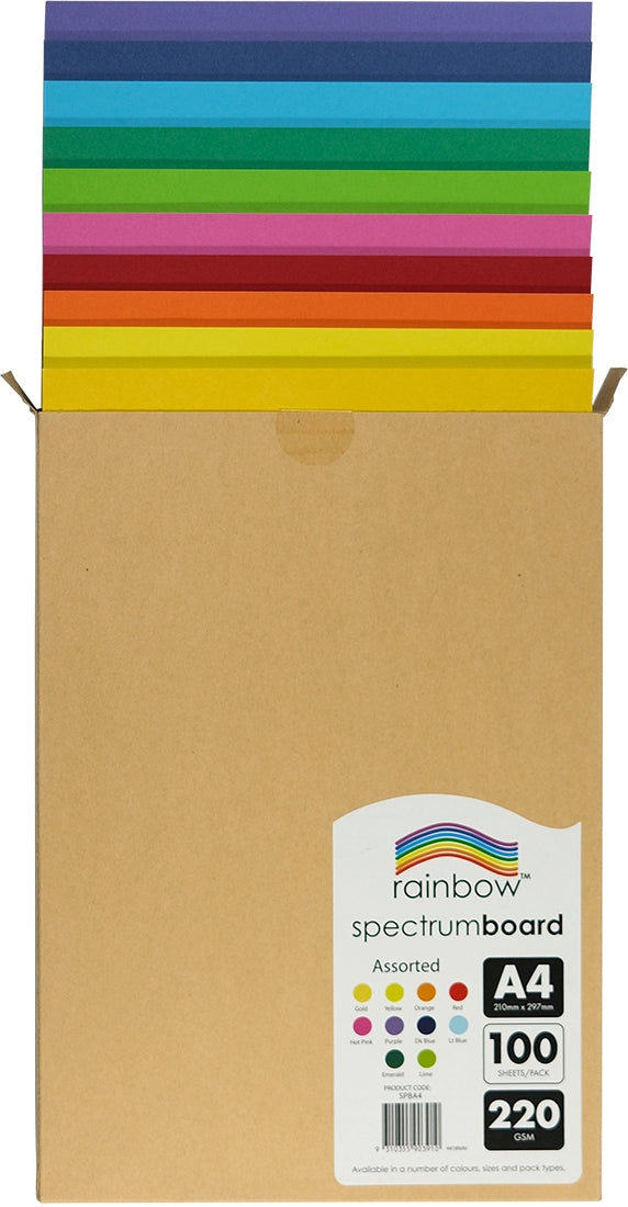 Upright kraft carton with its flaps open and the ten board sheets rising in stepped layers, purple and navy at the back through blue, green, pink, red and orange to yellow at the front.