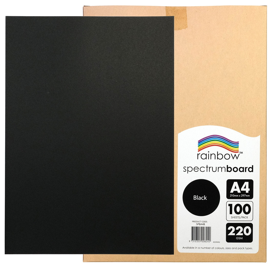 Kraft carton lying flat on white with one black board sheet laid across its left half, the label showing a black circle marked Black beside the A4, 100 and 220 blocks.